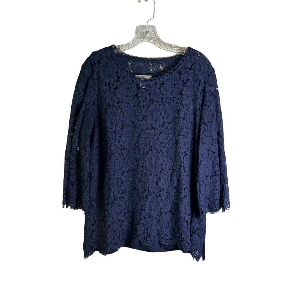 ISAAC Mizrahi Live! Navy Women's Shell with Lace Overlay 3/4 Sleeves Size L